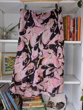 Y2K Vintage Floral Swirl Midi Skirt Asymmetrical Ruffles Pink Black Size Large